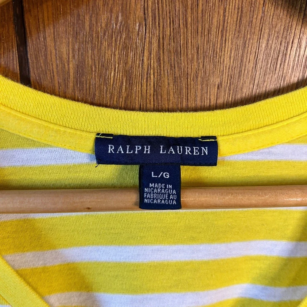Ralph Lauren Womens T Shirt Large Yellow White Striped V Neck Pony Logo - Picture 4 of 6